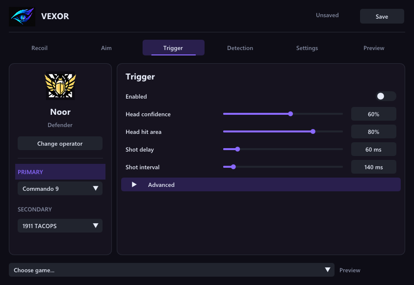 Vexor desktop app showing operator selection and configurable trigger confidence, head hit area, shot delay and shot interval.